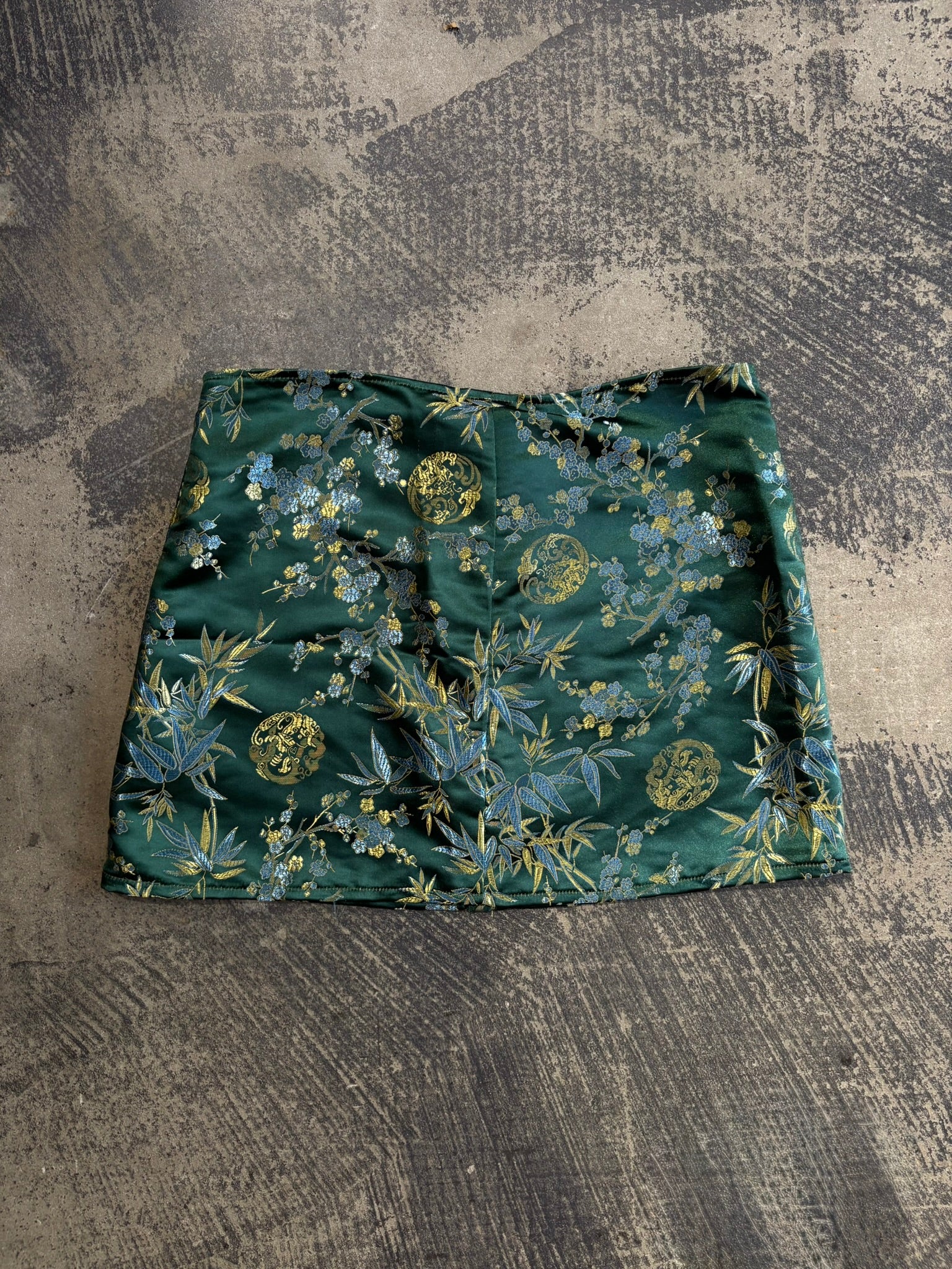 Minigonna raso jacquard stile orientale verde smeraldo S