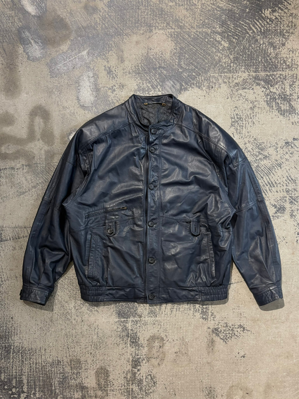 Giacca bomber vera pelle blu navy colletto coreana XL