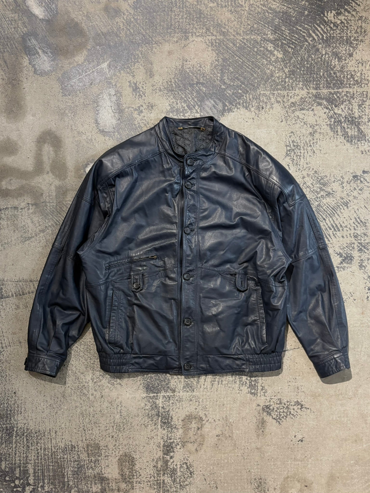 Giacca bomber vera pelle blu navy colletto coreana XL