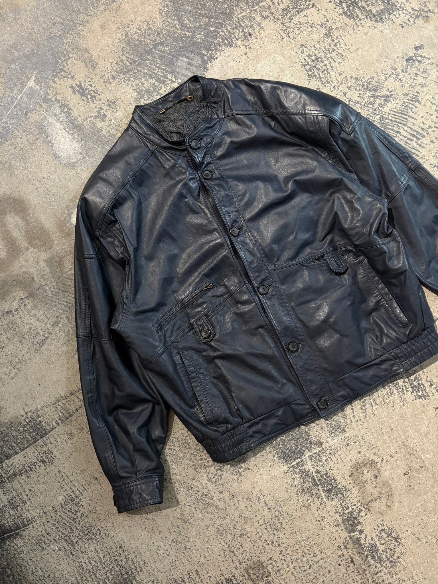 Giacca bomber vera pelle blu navy colletto coreana XL