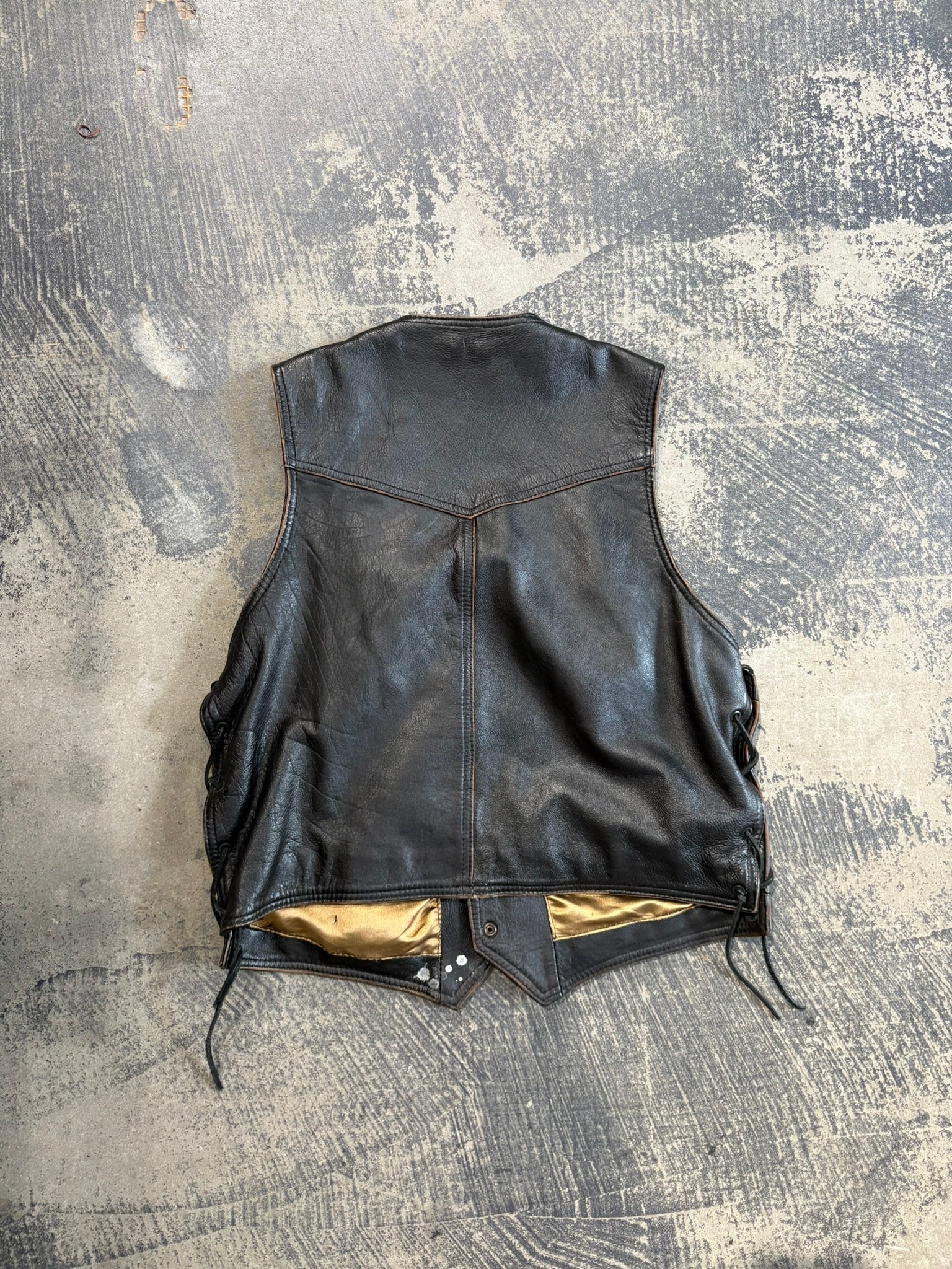Gilet moto biker pelle nero effetto invecchiato stringhe laterali XL